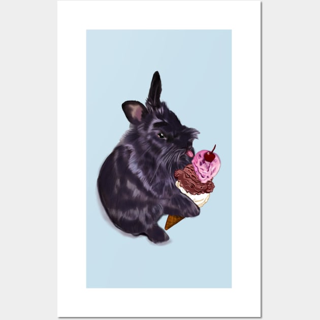 bunny rabbit cute  ebony colored coloured lionhead bunny rabbit  licking a three scoop icecream Wall Art by Artonmytee